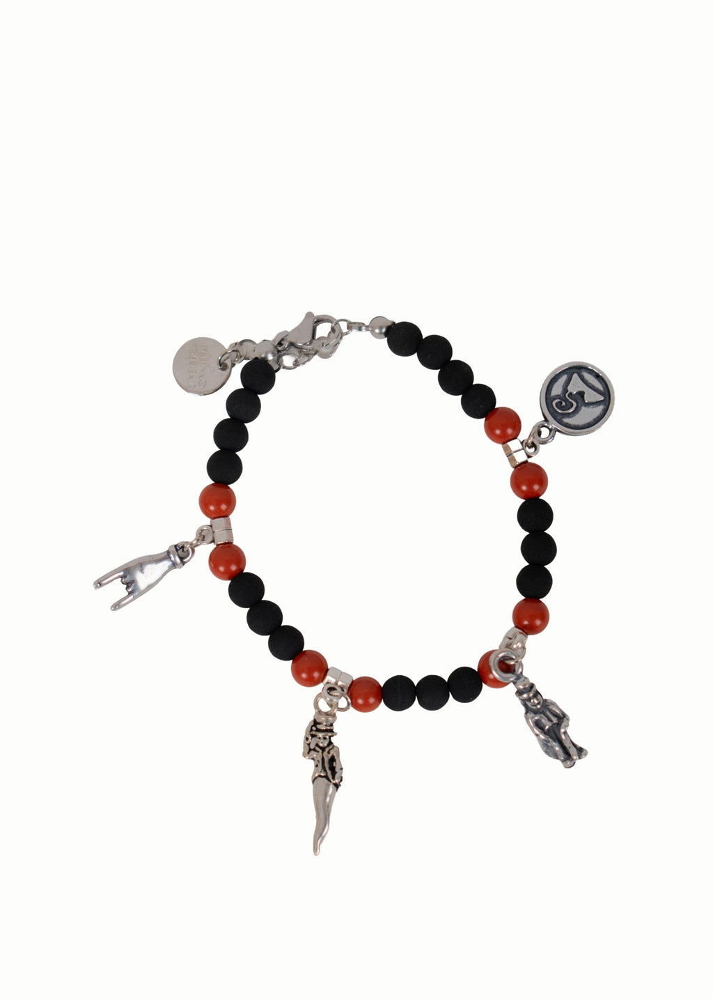 Bracciale artigianale napoletano con pietra lavica nera, diaspro rosso e charm simboli di Napoli in acciaio fatto a mano in Italia