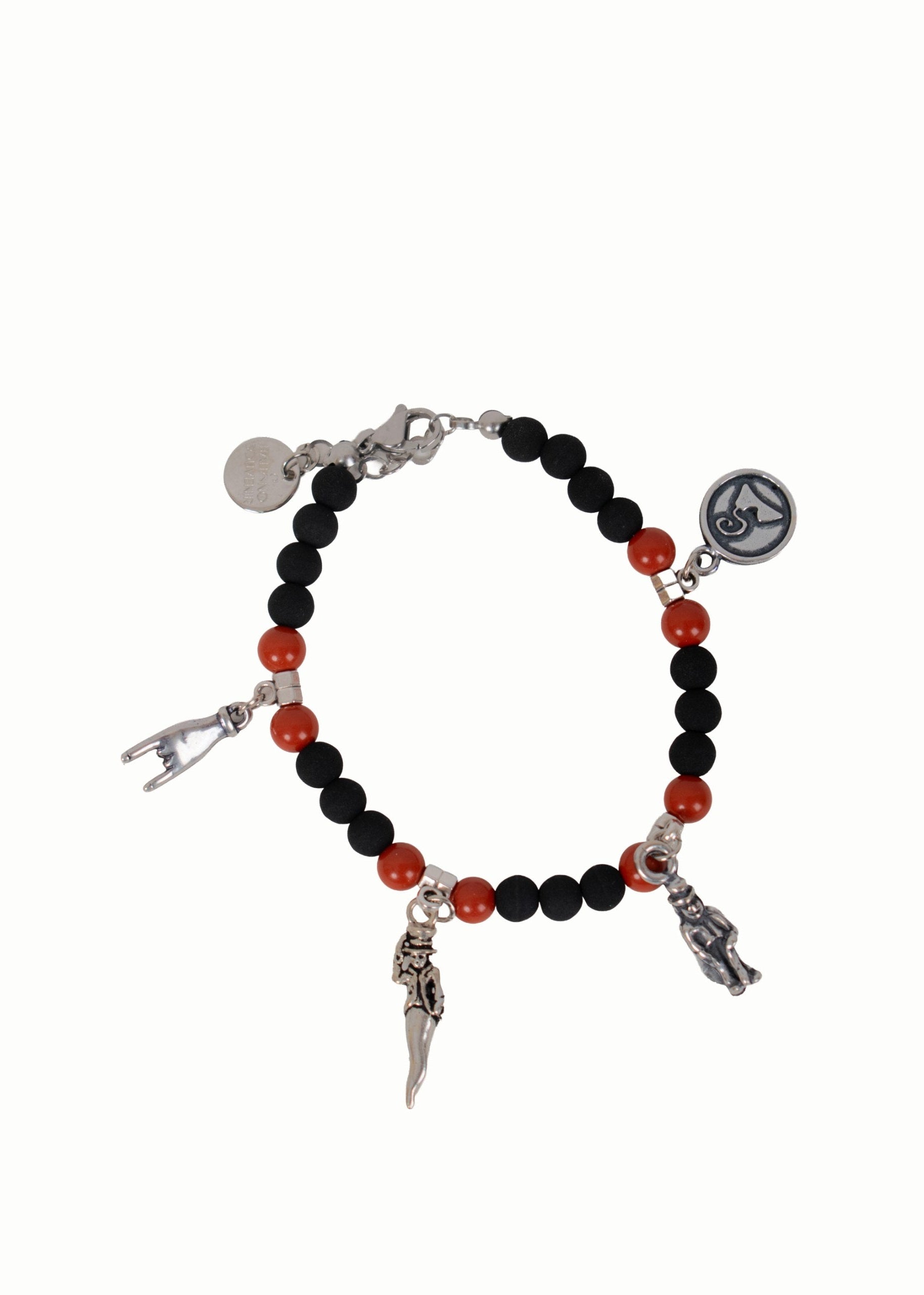Bracciale artigianale napoletano con pietra lavica nera, diaspro rosso e charm simboli di Napoli in acciaio fatto a mano in Italia