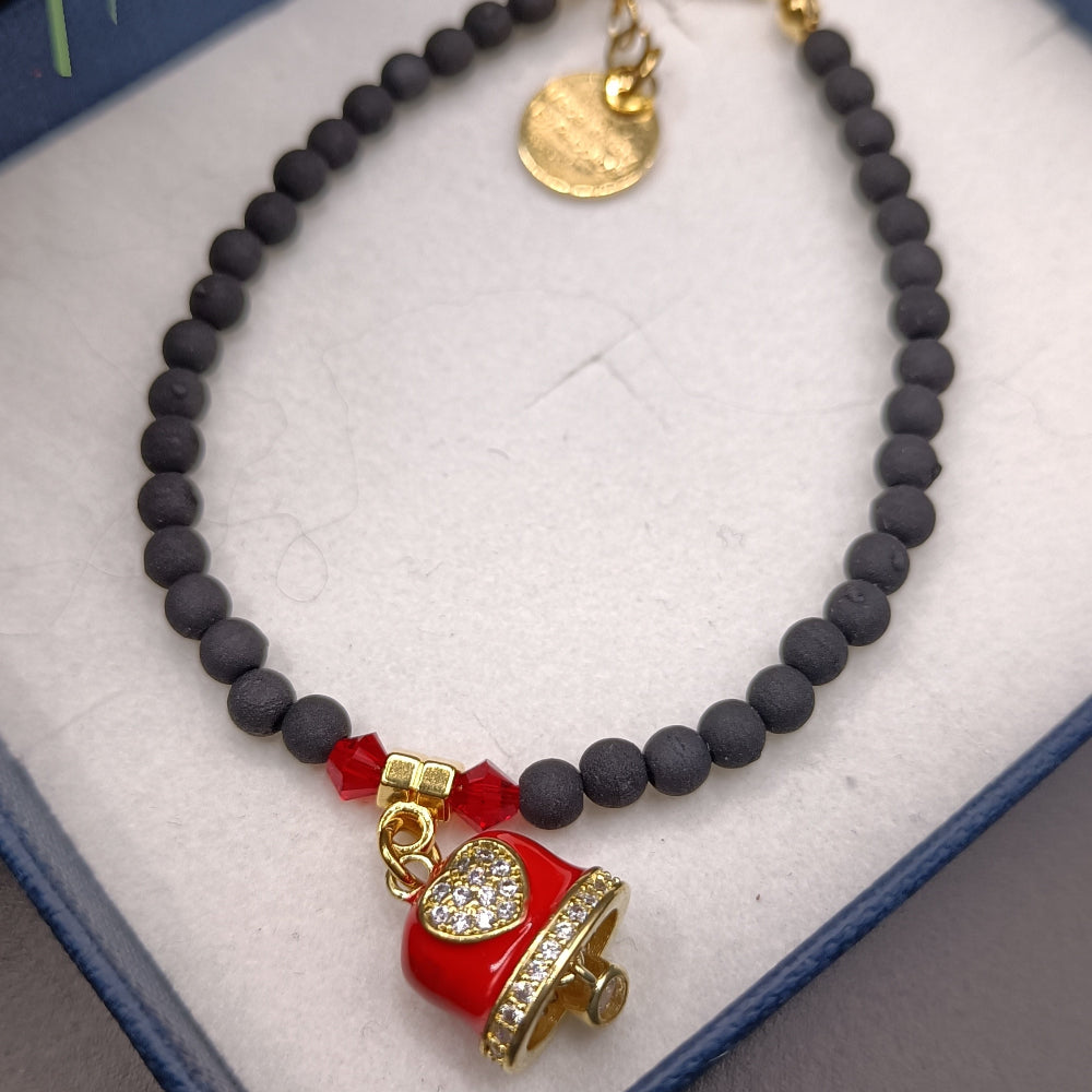 Bracciale unisex pietra lavica sintetizzata con campanella rossa artigianale