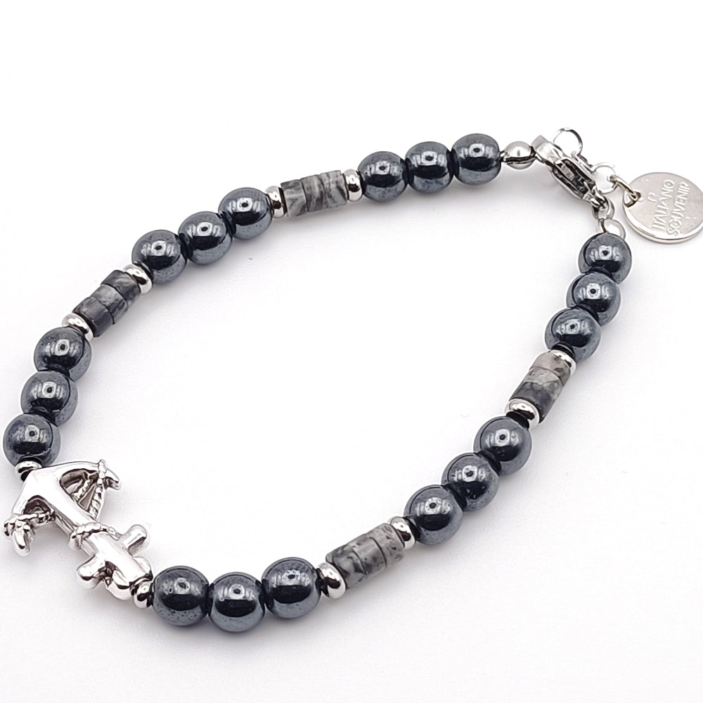 Dettaglio bracciale ematite ancora argentata Giamas - pietre naturali made in Italy