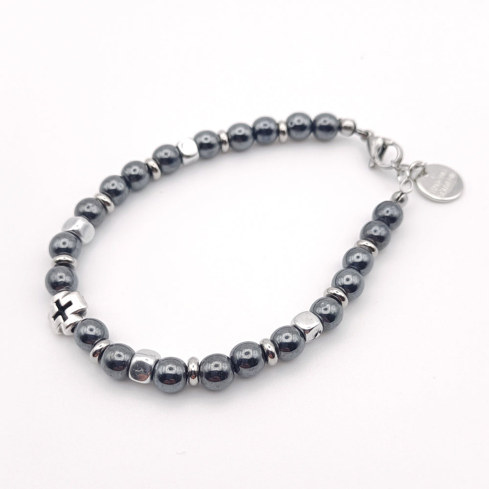 Bracciale unisex ematite sfere croci cubetti argentati Giamas - gioielli spirituali made in Italy