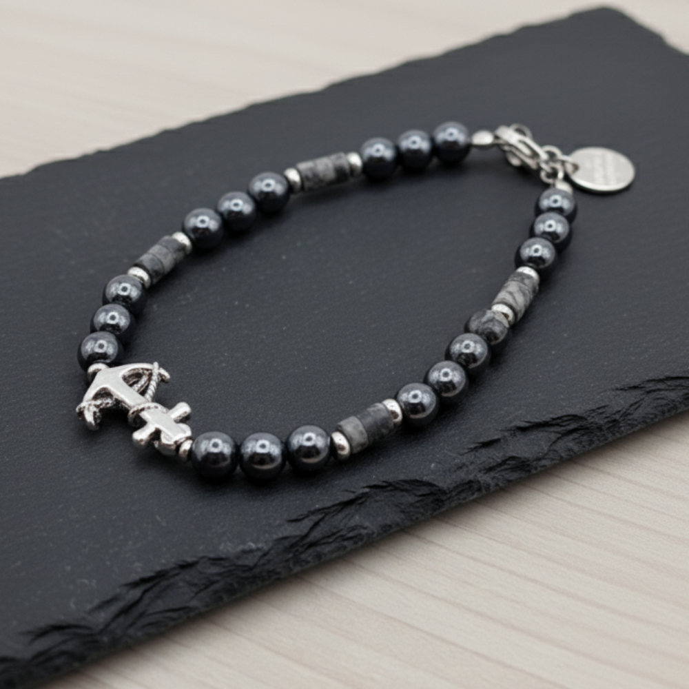 Bracciale unisex ematite diaspro paesina ancora argento Giamas - gioielli artigianali italiani