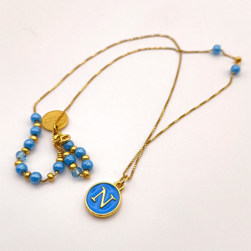 Collana oro Forza Napoli con perline azzurre e cristalli tricolore - ungioielloperte