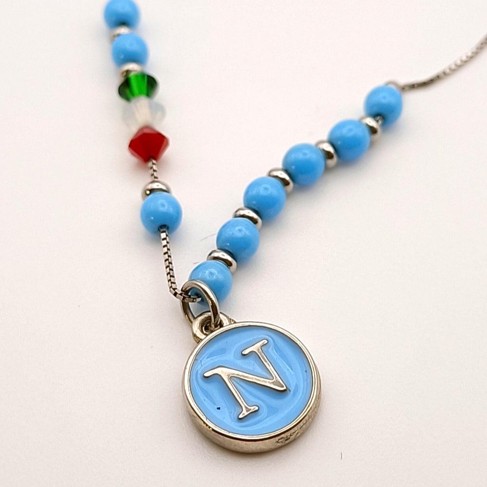 Collana Artigianale con Perle Azzurre e Ciondolo "N"- Colore Argento -ugioielloperte