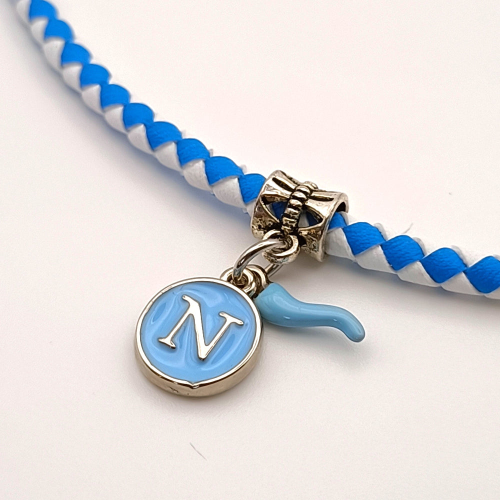 Collana caucciù Napoli Campione ciondolo lettera N  cornetto azzurro by ungioielloperte