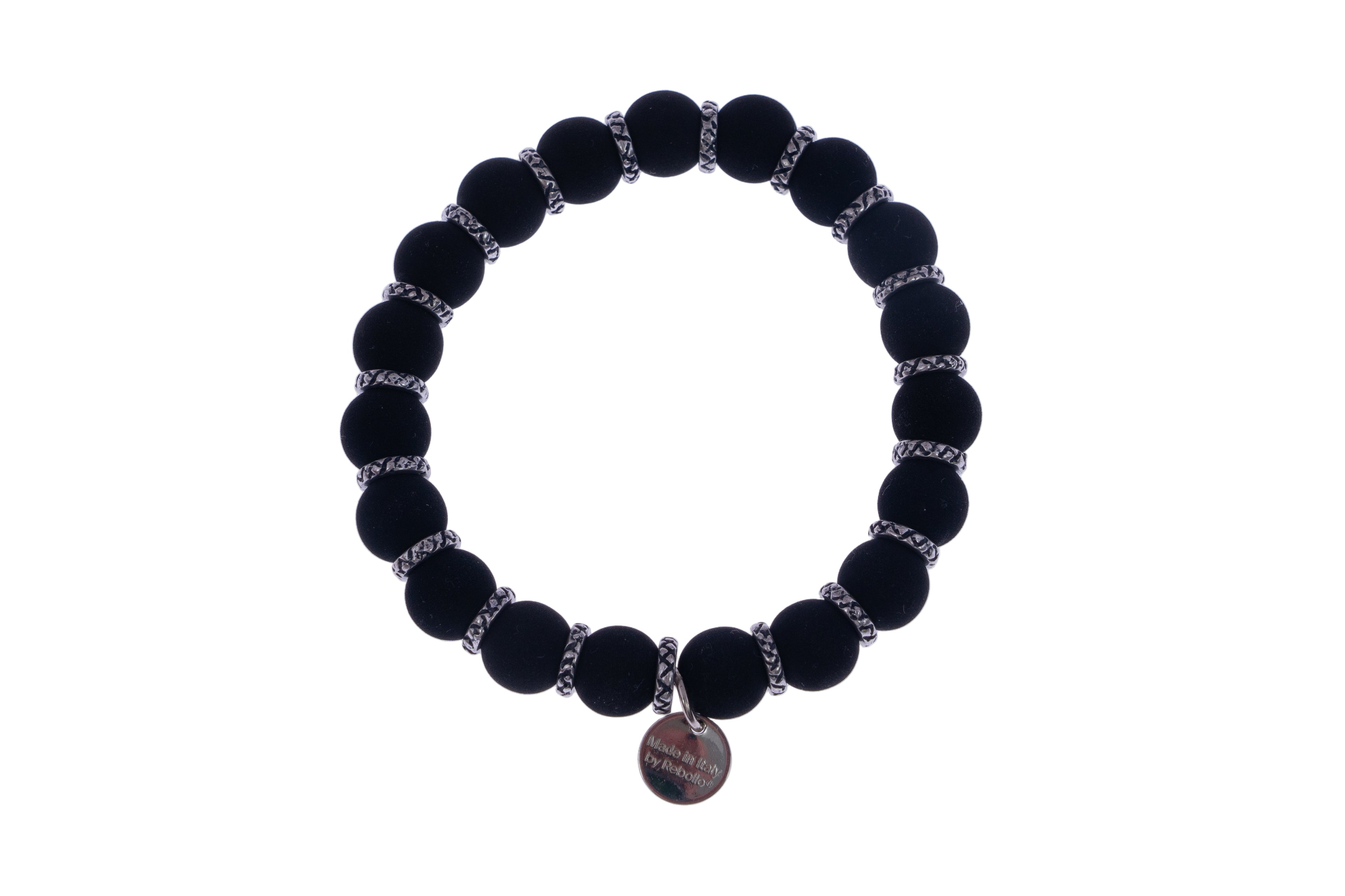 Bracciale unisex in pietra lavica nera sintetizzata - design minimalista su sfondo bianco