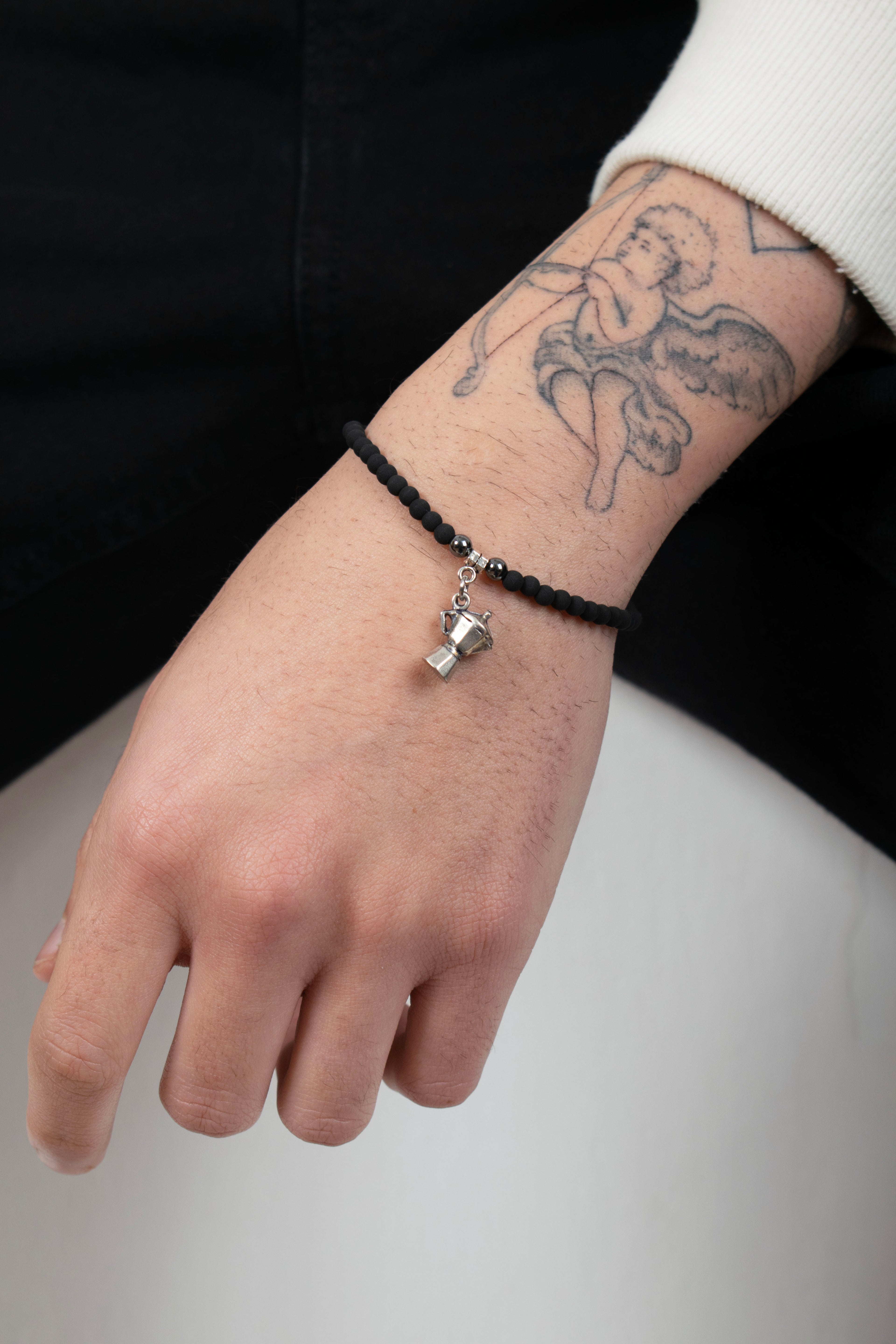 Bracciale moka napoletana artigianale con pietra lavica nera chiusura regolabile acciaio e charm caffettiera Giamas