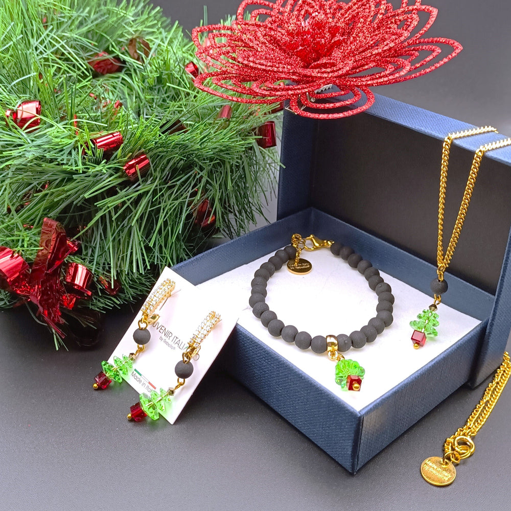 Set natalizia con ciondolo ad albero verde e rosso made in italy