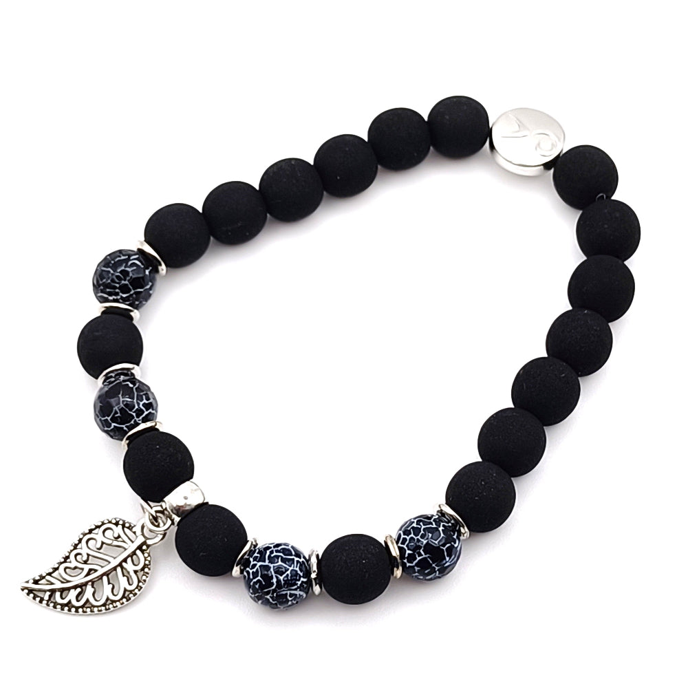 Bracciale agata nera blu screziata ciondolo foglia Giamas - pietre naturali made in Italy