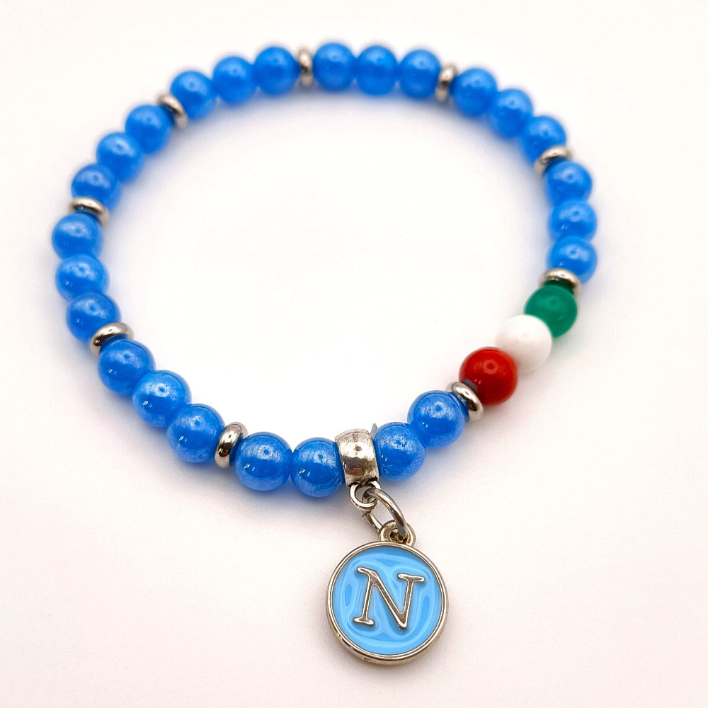 Bracciale Forza Napoli con perline azzurre e tricolore sinodo con lettera N - ungioielloperte