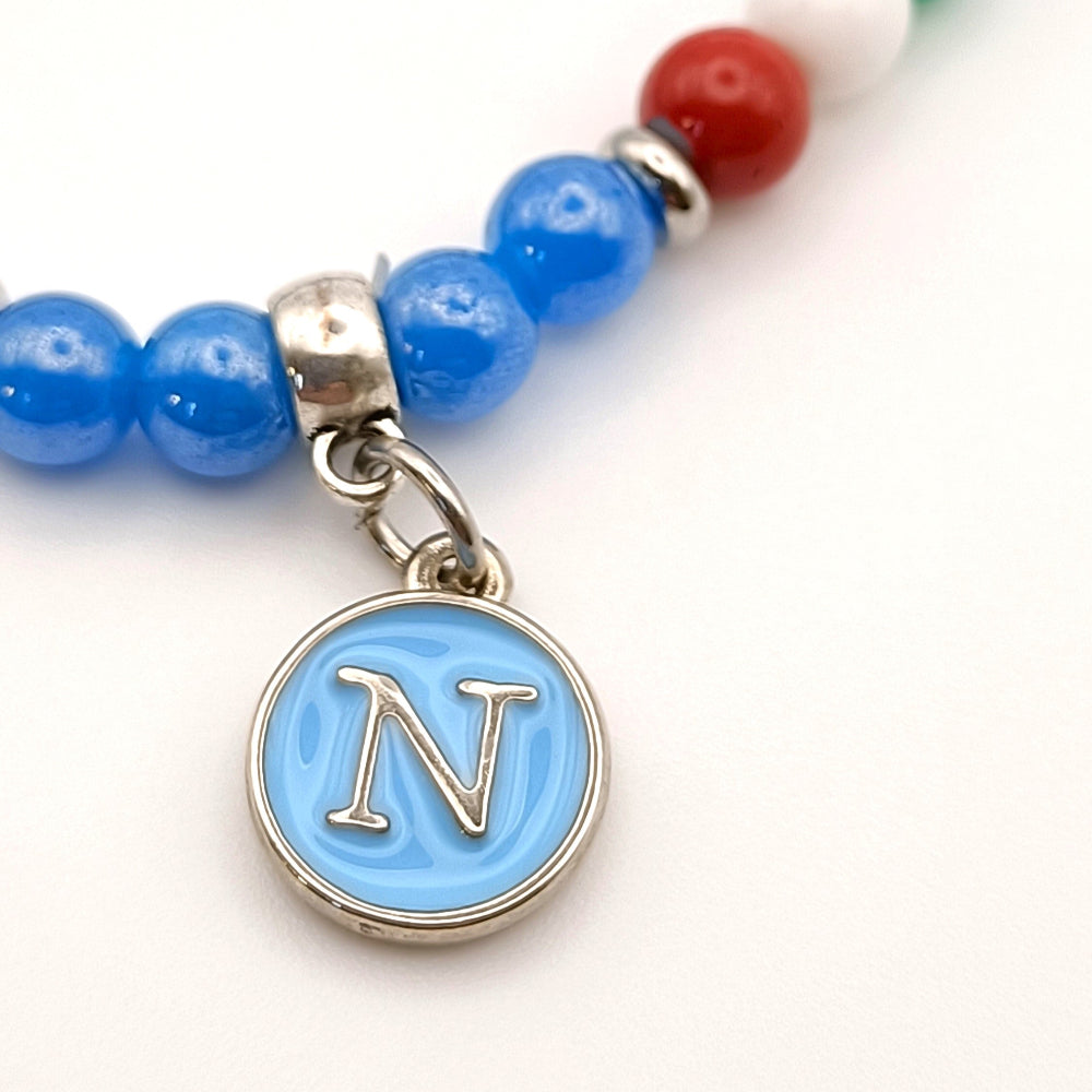 Bracciale Forza Napoli con perline azzurre e tricolore sinodo con lettera N by ungioielloperte