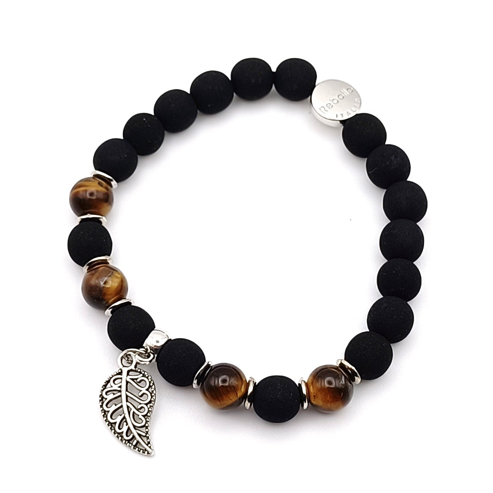 Bracciale occhio di tigre ciondolo foglia uomo Giamas - pietre dure naturali