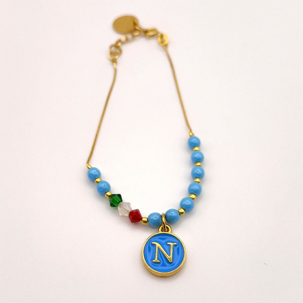 Bracciale oro Forza Napoli con perline azzurre e cristalli tricolore - ungioielloperte