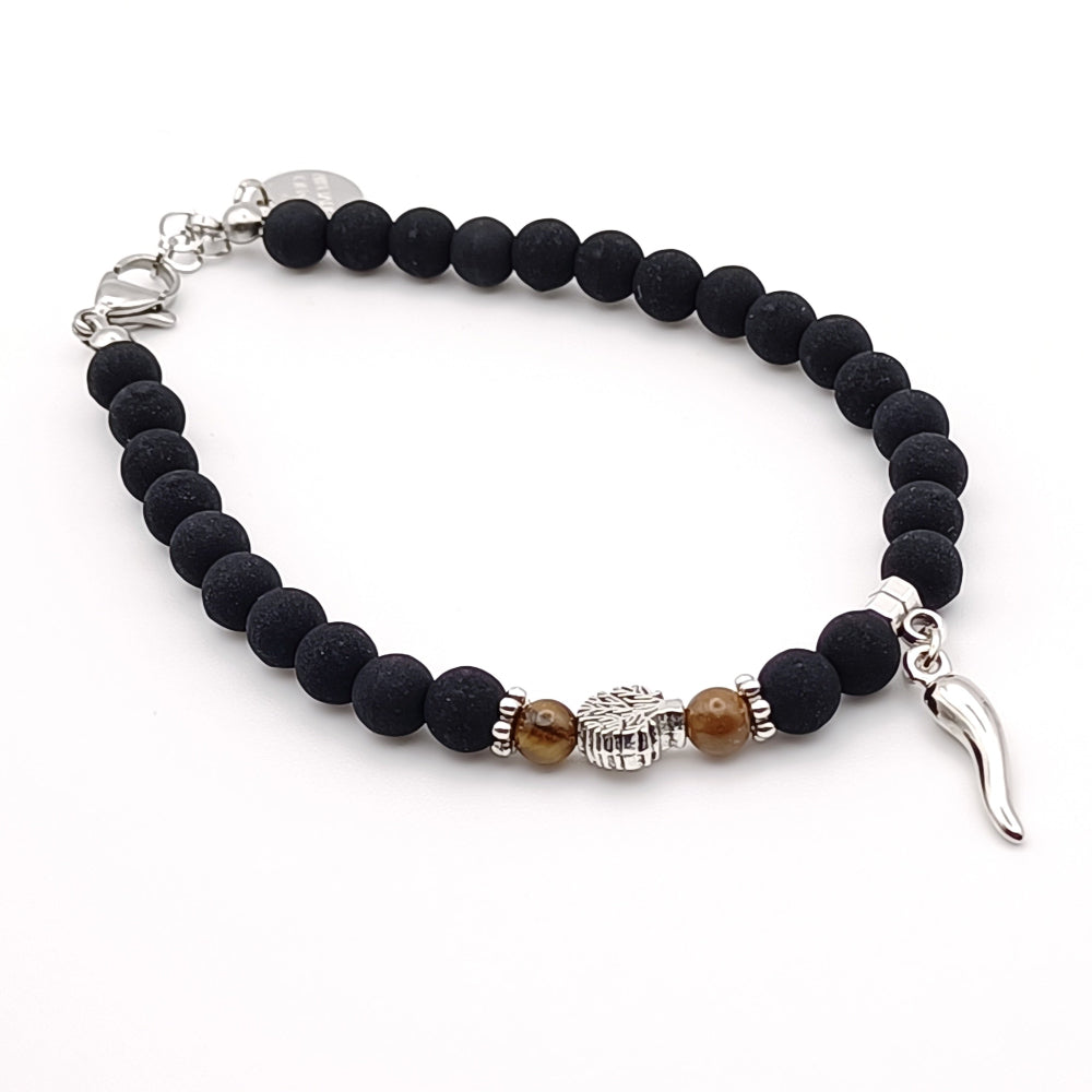 Bracciale pietra lavica marrone albero della vita e cornetto - giamas