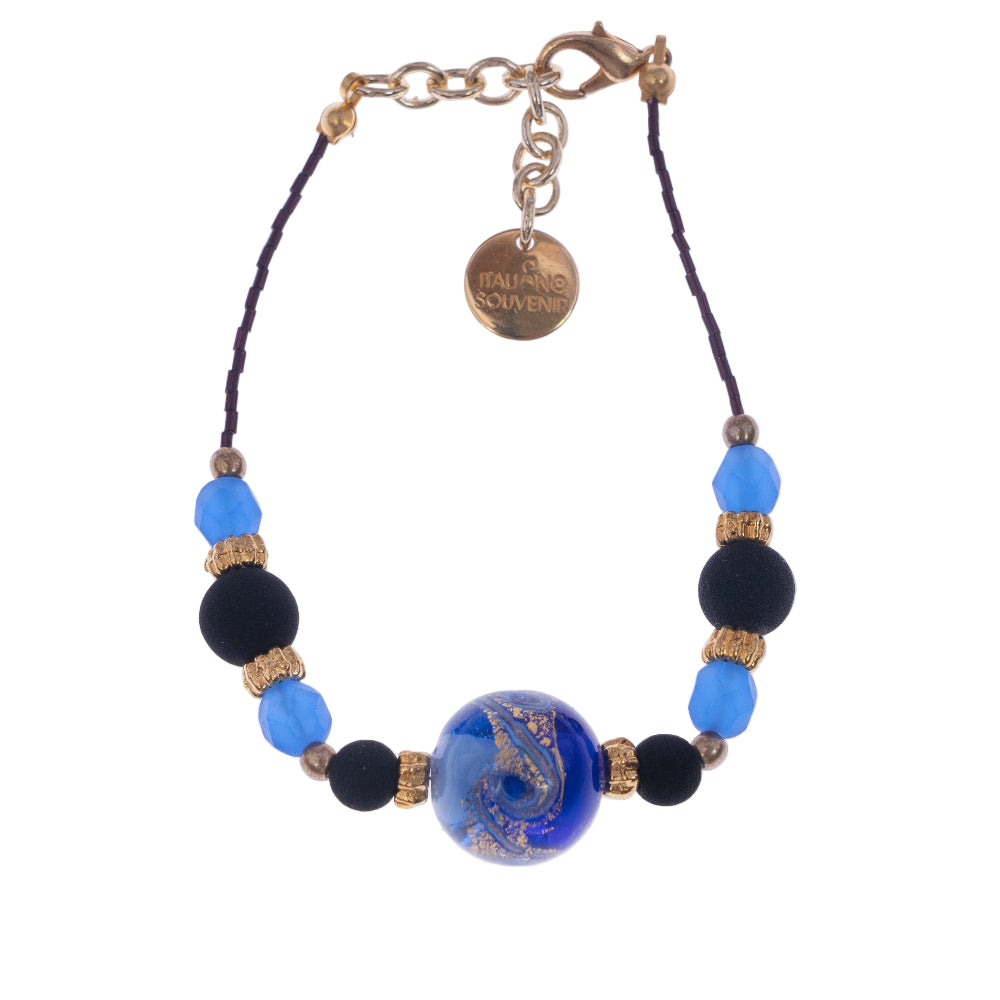Bracciale con perla centrale in vetro di Murano blu e perline in pietra lavica by Giamas