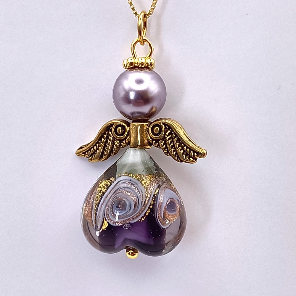 Collana con angelo in vetro di Murano viola Rebollo, in vendita su ungioielloperte