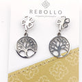 Orecchini pendenti albero della vita con quadrifoglio metallo argentato - packaging Rebollo made in Italy