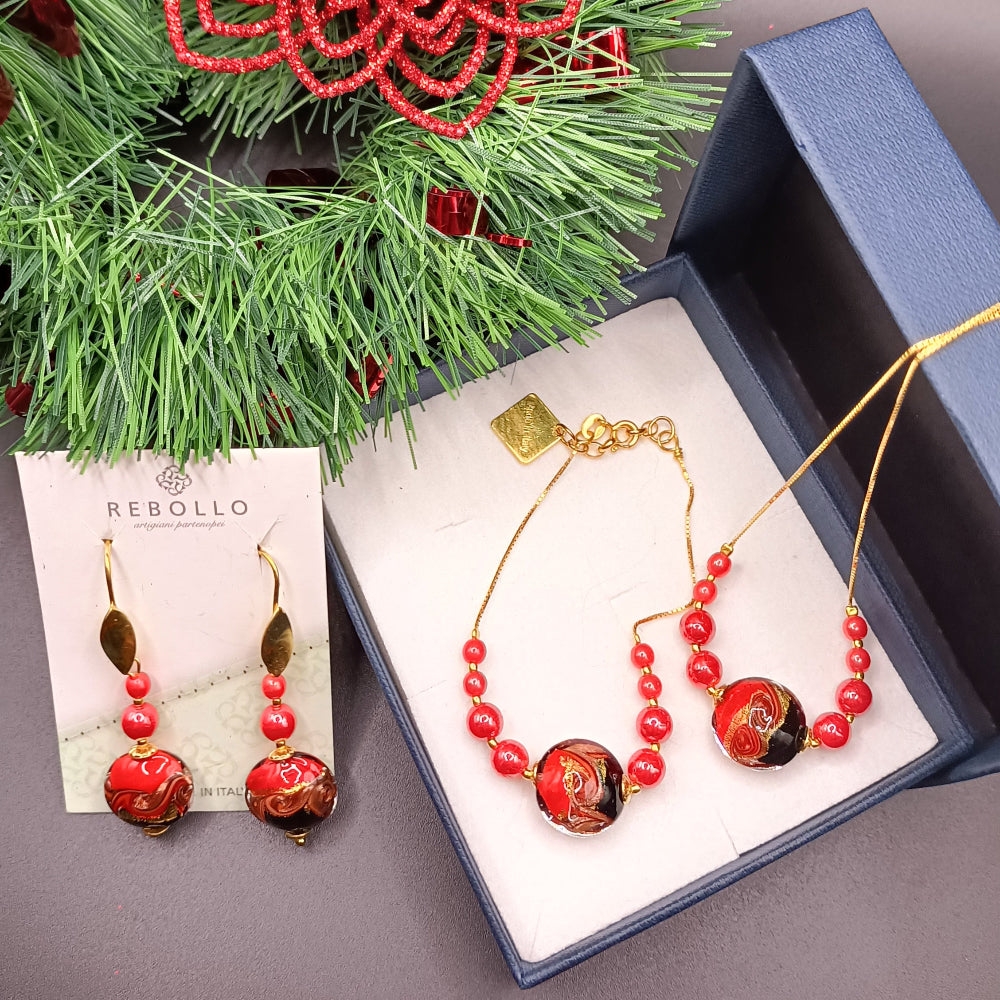 Set gioielli in vetro di Murano rosso con collana, orecchini e bracciale