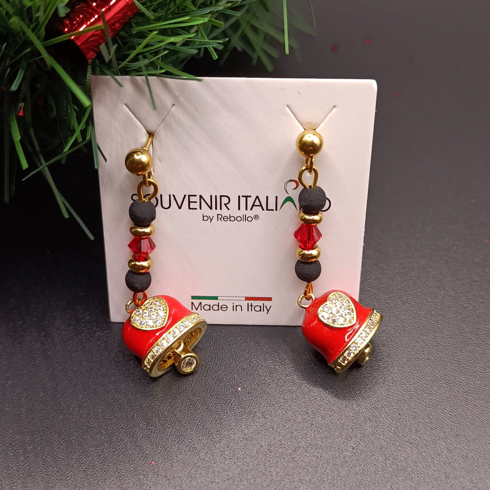 Orecchini con perle di lava sintetizzata e campanella rossa, eleganti e raffinati, Made in Italy.