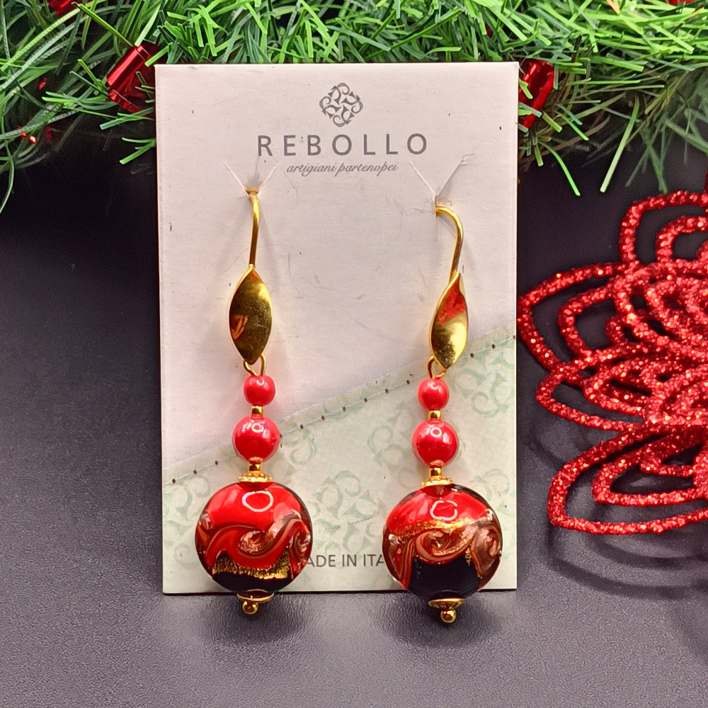 recchini rossi by Rebollo pendenti in vetro murano rosso con minuterie dorate