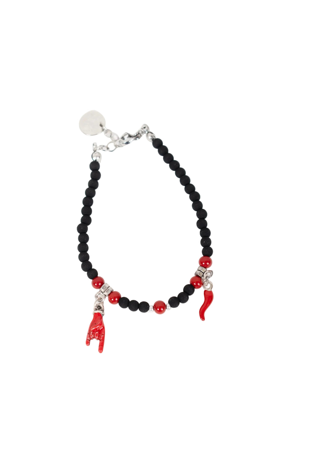 Bracciale artigianale napoletano pietra lavica Vesuvio diaspro rosso charm smaltati cornetto mano corna portafortuna