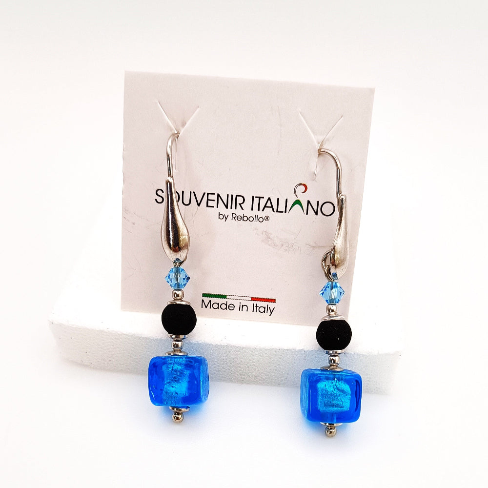 Orecchini pendenti in argento 925 con pietra lavica, vetro di Murano e cristalli Swarovski - ungioielloperte