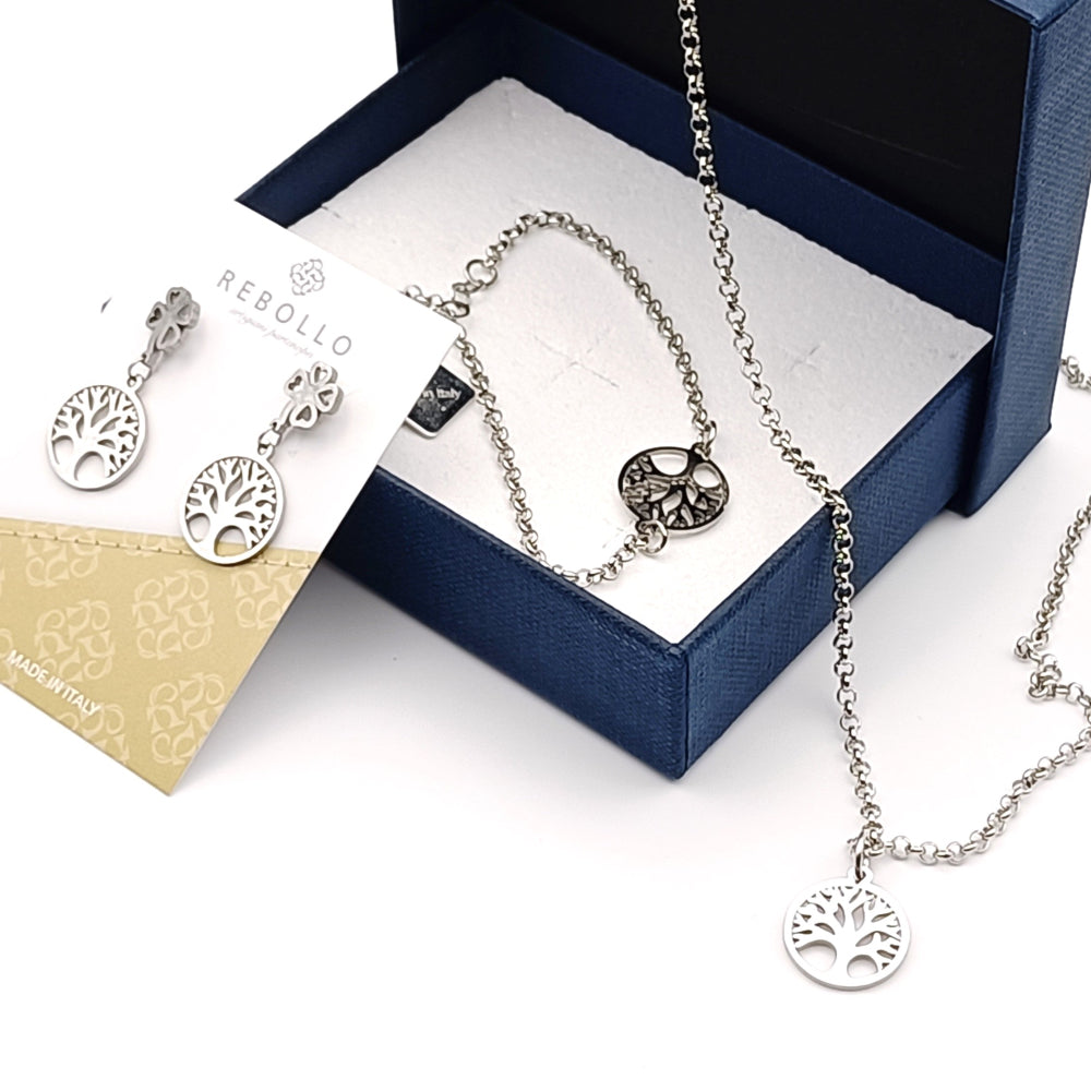 Set completo gioielli albero della vita con collana, bracciale e orecchini in metallo argentato
