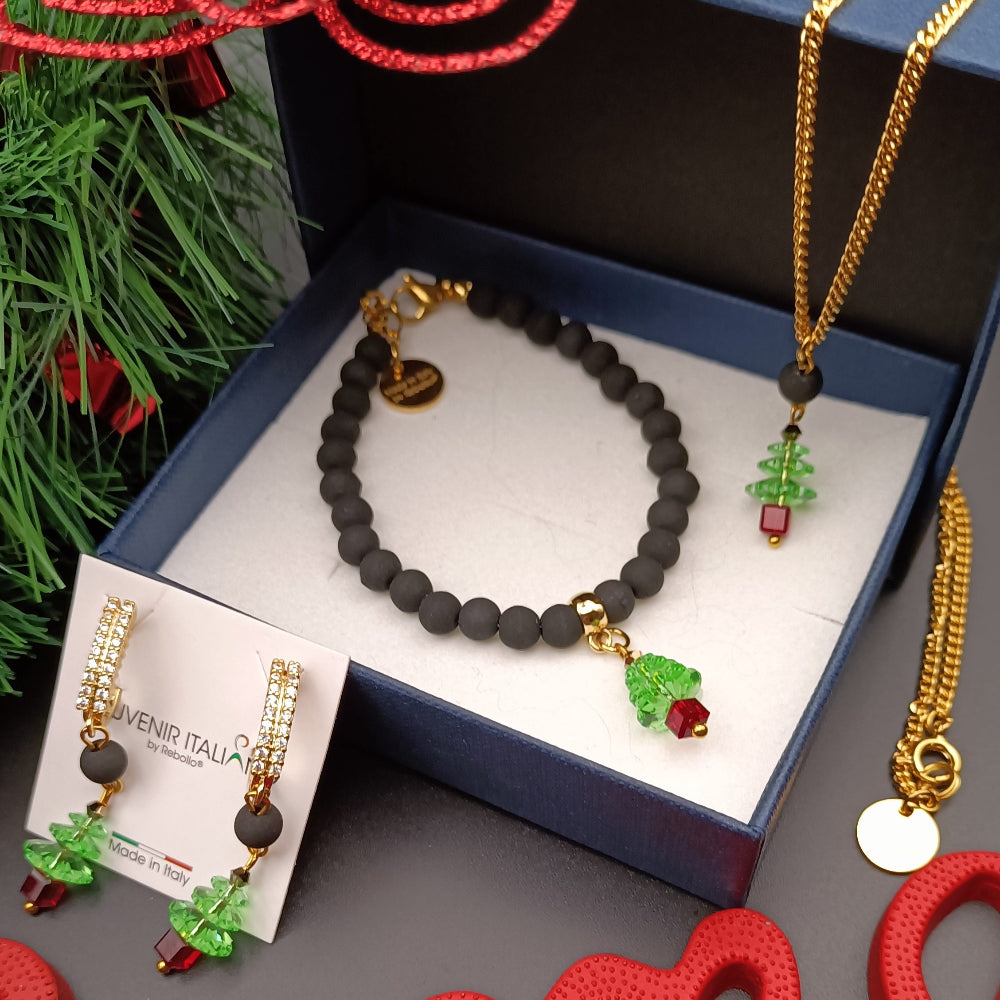 Set gioielli natalizi con albero di Natale e pietra lavica - ungioielloperte