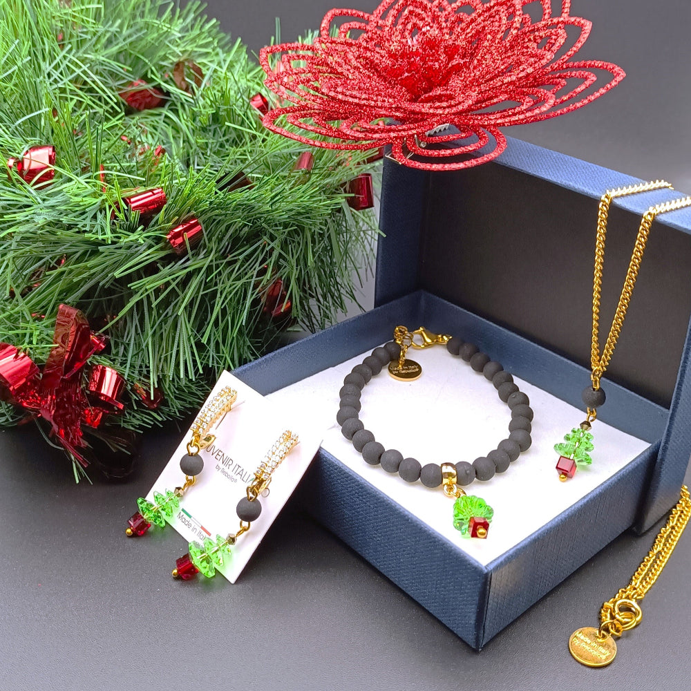Set gioielli natalizi con albero di Natale e pietra lavica - ungioielloperte