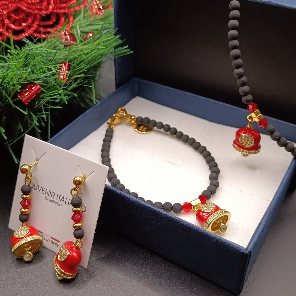 set Collana bracciale e orecchini con Perle di Lava Sintetizzata e Campanella Rossa by ungioielloperte